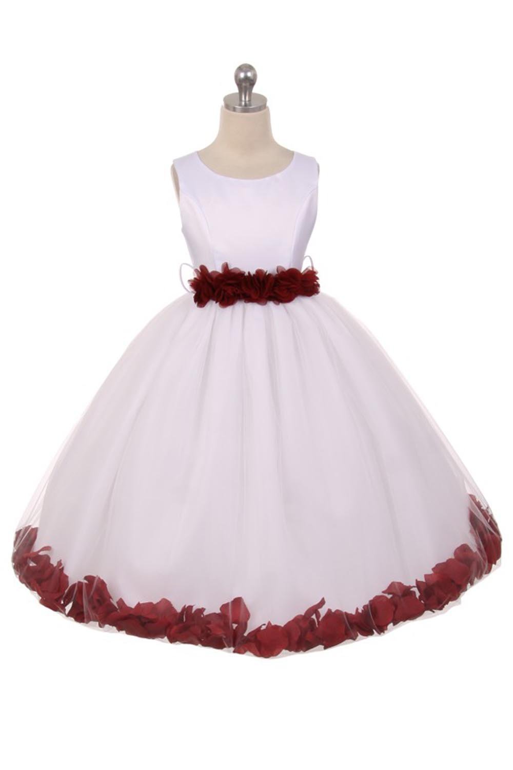 White /Burgundy Satin & Tulle Petal Flower Girl Dress with Sash & Flower White /Burgundy Satin & Tulle Petal Flower Girl Dress with Sash & Flower